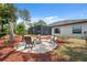 Relaxing backyard featuring a stone fire pit and comfortable seating, perfect for outdoor gatherings and entertaining at 15615 Serengeti Blvd, Spring Hill, FL 34610