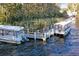 Community boat dock and lake view. Two small covered tour boats are present at 3276 Hilary Cir, Palm Harbor, FL 34684
