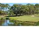 Scenic golf course view featuring lush greenery, mature trees, and a tranquil pond at 3276 Hilary Cir, Palm Harbor, FL 34684