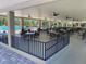 Covered outdoor patio area with fans, tables, and chairs next to a pool at 3276 Hilary Cir, Palm Harbor, FL 34684