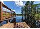Wooden dock with seating overlooking the lake surrounded by lush green trees and a clear blue sky at 6225 Scarlet Darter Way, Tampa, FL 33625