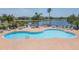 Community pool with a serene lake backdrop, palm trees, and ample seating on a brick patio at 711 Parker Den Dr, Ruskin, FL 33570