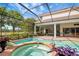Aerial view of the pool, hot tub, and screened-in patio, showcasing the backyard's entertainment possibilities at 9630 Tree Tops Lake Rd, Tampa, FL 33626
