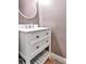 Bathroom vanity with white cabinets, a white sink, and a round mirror at 10121 Westpark Preserve Blvd # 10121, Tampa, FL 33625