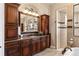Elegant bathroom vanity with granite countertops, dark wood cabinets and a walk-in shower at 10614 Low Oak Terrace, Thonotosassa, FL 33592