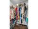 Walk-in closet with wood floor, wire shelving, filled with colorful clothes, purses, boxes, and storage containers at 1710 Hibiscus N Cir, Oldsmar, FL 34677