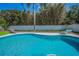 Beautiful backyard pool with light blue water, an adjacent patio area, chairs, and lush greenery at 1710 Hibiscus N Cir, Oldsmar, FL 34677