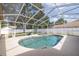 Inviting screened-in pool and spa, surrounded by a concrete patio and lush landscaping at 1916 Sandstone Pl, Clearwater, FL 33760