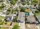 Aerial view showcasing a home with a long driveway and a refreshing backyard pool at 3042 57Th N Ave, St Petersburg, FL 33714