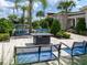 This comfortable community lounge space features seating around a gas fire pit surrounded by lush landscaping at 10446 Tupper Cay Dr, San Antonio, FL 33576
