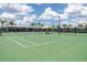 Outdoor tennis courts with shelter area, surrounded by lush landscaping and palm trees, for active community enjoyment at 10446 Tupper Cay Dr, San Antonio, FL 33576