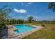 Backyard pool with blue skies, green grass, and foliage at 11015 S County Road 39, Lithia, FL 33547
