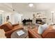 Comfortable living room features a stone fireplace, leather furniture, and wood flooring at 21918 Shamu Dr, Land O Lakes, FL 34639