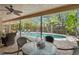 Relaxing pool with covered patio offering a dining table set and wicker lounge furniture, plus lush landscaping at 3320 Pattie Pl, Palm Harbor, FL 34685