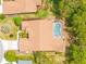 Aerial view of a house with a private screened-in pool and lush green surroundings at 11284 Hickory Ridge Ct, Spring Hill, FL 34609