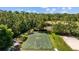 Aerial view of an outdoor basketball court, volleyball court, and lake surrounded by trees in a community at 25304 Lexington Oaks Blvd, Wesley Chapel, FL 33544