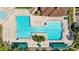 A top-down view of the pool area, showcasing lounge chairs, two pools, and shade at 25304 Lexington Oaks Blvd, Wesley Chapel, FL 33544