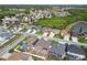 Aerial view of community with large homes, green lawns and a pond in the background at 2611 Eagle Crest Ct, Holiday, FL 34691