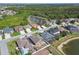 Aerial view of a residential neighborhood featuring homes with screened-in pools, solar panels, and fenced yards at 2611 Eagle Crest Ct, Holiday, FL 34691