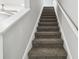 Carpeted staircase with white risers and white handrail leads to the upper level at 2611 Eagle Crest Ct, Holiday, FL 34691