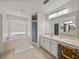Spacious bathroom featuring a soaking tub, walk-in shower, and vanity at 27231 Liriope Ct, Wesley Chapel, FL 33544