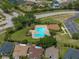 This is an aerial view of the community pool with lounge chairs and umbrellas plus green space at 27231 Liriope Ct, Wesley Chapel, FL 33544