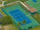 The blue tennis court has a green border, a covered gazebo, and is surrounded by green grass at 27231 Liriope Ct, Wesley Chapel, FL 33544