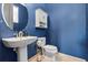 Bathroom with a pedestal sink and a round mirror, complemented by blue walls and modern fixtures at 31050 Spruceberry Ct, Wesley Chapel, FL 33543