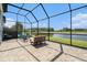 Relaxing screened-in patio with comfortable seating overlooking the lake at 4354 Barletta Ct, Wesley Chapel, FL 33543