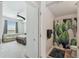 Bathroom next to bedroom features patterned shower curtain and access to a spacious bedroom area at 700 S Harbour Island Blvd # 740, Tampa, FL 33602