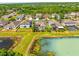 Aerial view of a neighborhood with pond, showing homes and surrounding greenery at 9632 Asbel Estates St, Land O Lakes, FL 34638