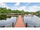 Community dock with a wooden walkway extends into a serene lake surrounded by trees at 10260 Devonshire Lake Dr, Tampa, FL 33647