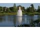 Scenic view of a fountain in a lake surrounded by lush greenery and trees at 10260 Devonshire Lake Dr, Tampa, FL 33647