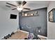 Exercise room features a stationary bike, mounted TV, dark accent wall, and wood floors at 13506 Wild Ginger St, Riverview, FL 33579