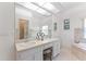 Bright bathroom with dual vanities, a large mirror, and a separate soaking tub at 15703 Walden Ave, Tampa, FL 33618