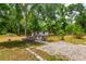 A backyard featuring a brick patio, fire pit, and tranquil green space at 19266 Campground Rd, Brooksville, FL 34601
