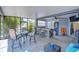 Inviting screened patio with a wet bar, dining area, and comfortable seating at 11427 Laurel Brook Ct, Riverview, FL 33569