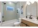 Well-lit bathroom featuring a vanity with a modern faucet and a shower-tub combination at 12531 Blazing Star Dr, Tampa, FL 33626
