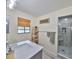 Bathroom showcasing a glass-enclosed shower and modern gray vanity at 13208 Sydney Rd, Dover, FL 33527