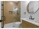 Elegant bathroom featuring a glass-enclosed shower, modern vanity with marble countertop, and stylish fixtures at 1542 Bayshore Blvd, Dunedin, FL 34698