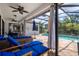 Covered patio with stylish outdoor furniture, lounge chairs, and a view of the refreshing pool at 15630 N Himes Ave, Tampa, FL 33618