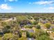 A high-angle view capturing a neighborhood with tree-lined streets and an urban skyline on the horizon at 1665 Laura St, Clearwater, FL 33755