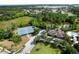 An aerial view showcasing community amenities including the pool, tennis courts, and clubhouse near a large pond at 4105 Waterville Ave, Wesley Chapel, FL 33543