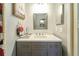 Bathroom featuring stylish gray vanity, modern fixtures, framed mirror, and elegant decor at 7205 San Luis Ct, Tampa, FL 33634