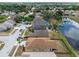 Aerial shot of residential properties bordering a scenic pond and tree-lined streets at 12531 Midpointe Dr, Riverview, FL 33578
