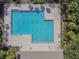 Aerial view of a community pool with sun deck and lounge chairs surrounded by greenery and palm trees at 12531 Midpointe Dr, Riverview, FL 33578