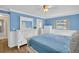 This bedroom features blue walls, white trim and a full view of the ensuite bathroom at 2967 Macalpin N Dr, Palm Harbor, FL 34684