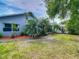 Large backyard featuring lush lawn, tropical landscaping, and a private pool at 5143 New Brittany Ln, Zephyrhills, FL 33541