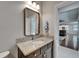 The powder room features a granite vanity with a decorative mirror and modern fixtures at 11804 Harpswell Dr, Riverview, FL 33579
