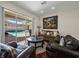 Living area features stylish furniture, hardwood floors, and sliding doors that overlook the pool at 12902 Grand Traverse Dr, Dade City, FL 33525